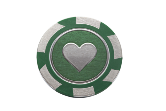 a green and silver poker chip with a heart