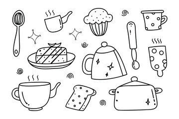 Breakfast essentials, hand-drawn style: A whimsical illustration featuring essential breakfast items. This charming doodle captures the essence of a cozy morning meal.