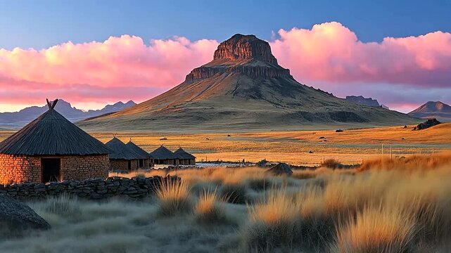 Scenic Lesotho Landscape with Traditional Huts against the backdrop of Thaba Bosiu Mountain