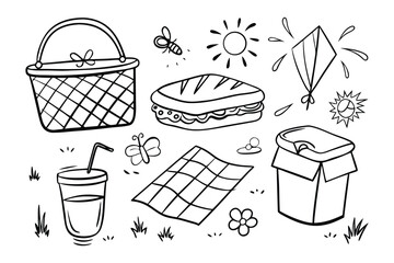 Picnic Elements: An outline image displaying iconic picnic elements, conveying the lighthearted spirit of a outdoor feast and recreation.