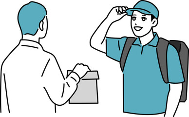 食事を届けるフード配達員の男性　帽子を手で抑えている