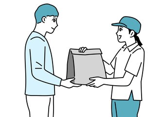 荷物を渡している女性の配達員とそれを受け取る男性