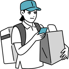 スマホを確認する女性の配達員