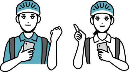 スマホを持った男女のフード配達員