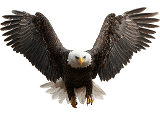 Obraz premium Front-Facing Bald Eagle Descending with Spread Feathers and Focused Gaze Isolated on Transparent Background.