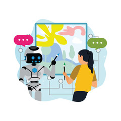 A futuristic robot and a young woman collaborate to create a digital artwork.