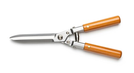 Sharp steel hedge shears with polished wooden handles, isolated on white background for gardening.