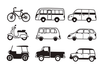 Variety of Transportation: A curated selection of transportation modes, meticulously illustrated in black and white, offers a versatile visual resource suitable for diverse design applications.