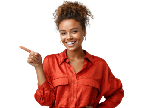 Cheerful Direction: A woman smiles brightly, her expression radiant as she gestures with a pointing finger, embodying positivity and clarity in a candid shot.