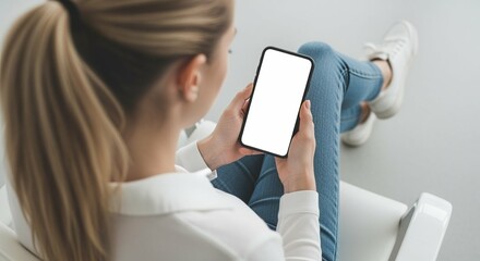 Young woman holding a smartphone with a blank screen while sitting indoors