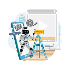 Futuristic robot filmmaker and AI technology in digital media production.