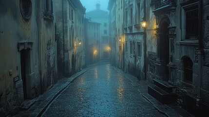 Enigmatic European Alleyway: A Misty Night in Cobblestone Streets