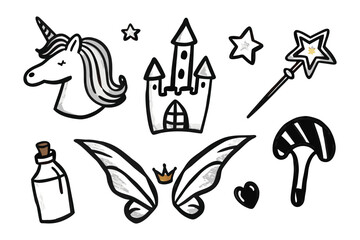 Magical Doodles: A whimsical assortment of charming doodles, including a unicorn, castle, stars, wand, and other enchanting elements, bringing a touch of fantasy and creativity to any project.