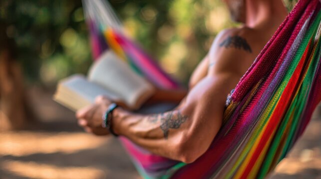 Man reading a book in a hammock outdoors.
