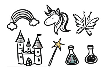 Magical Doodle Set: A whimsical collection of hand-drawn illustrations featuring a rainbow, a unicorn, a butterfly, a castle, a magic wand, and potion bottles.