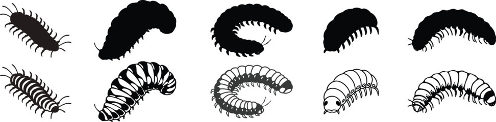 Naklejka premium caterpillar black silhouette vector, caterpillar line art illustration style.