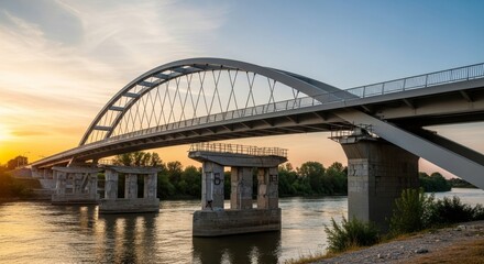 Sunset Serenity: A Modern Bridge - A graceful arch bridge spans a tranquil river at sunset, symbolizing connection, progress, engineering, serenity, and hope