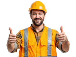 Construction Worker Giving Thumbs Up: A construction worker, wearing a high-visibility vest and hard hat, confidently gives a double thumbs-up.