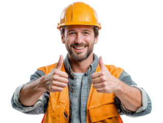 Smiling Constructor: A construction worker with a bright smile gives a thumbs up, wearing a safety helmet, safety vest, and showcasing a positive attitude.