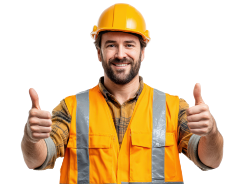 Construction Worker Giving Thumbs Up: A construction worker, wearing a high-visibility vest and hard hat, confidently gives a double thumbs-up.
