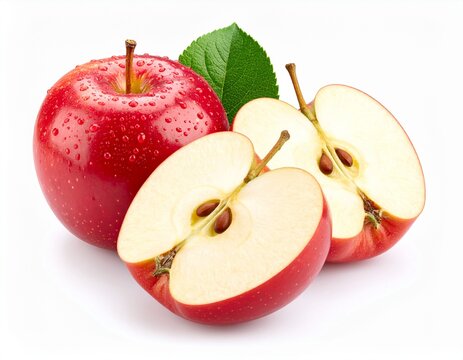 Red apple with cut in half and water droplets on white background.