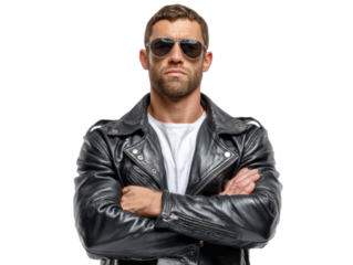 Stylish Confidence: A fashionable man exudes an air of cool confidence, donning a sleek leather jacket and modern sunglasses.