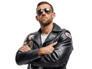 Obraz premium Confident and Cool: A person with sunglasses and a leather jacket exudes an aura of effortless cool and confident style. 