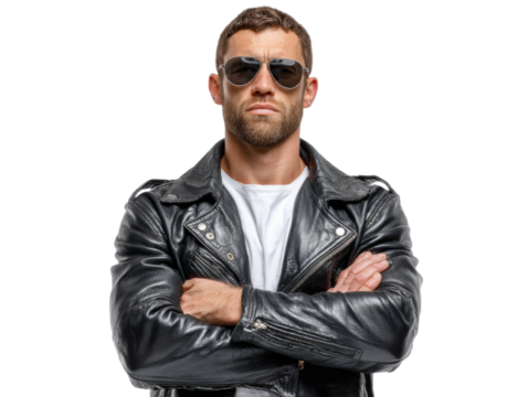 Stylish Confidence: A fashionable man exudes an air of cool confidence, donning a sleek leather jacket and modern sunglasses. - Powered by Adobe