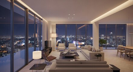 luxury hotel room with lounge chairs with city view