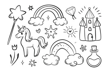 Magical Illustrations: A whimsical black-and-white collection of magical elements, including a unicorn, rainbow, castle, and sparkling objects, evokes feelings of wonder and enchantment.