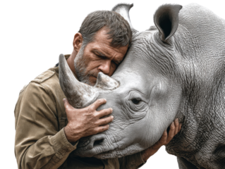 A Moment of Connection: A human and rhino share an intimate moment of connection and understanding, face to face, symbolizing empathy and the bond between species.