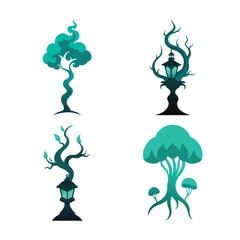Vector art of a collection of four stylized trees with magical and fantastical