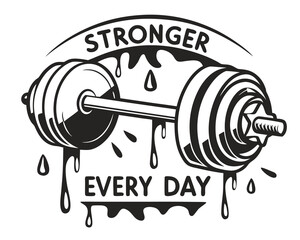 dumbbell illustration promotes daily strength and fitness with motivational text on a transparent background