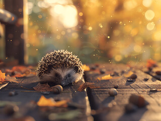 Fototapeta premium Hedgehog resting on wooden surface surrounded by autumn leaves and acorns, illuminated by warm sunlight, creating a serene and cozy atmosphere in nature
