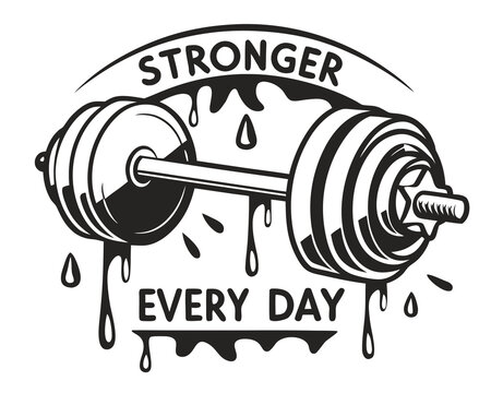 dumbbell illustration promotes daily strength and fitness with motivational text on a transparent background