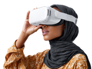 Virtual Reality Immersion: A woman with a hijab explores virtual reality with VR glasses, symbolizing technological innovation and futuristic experience.