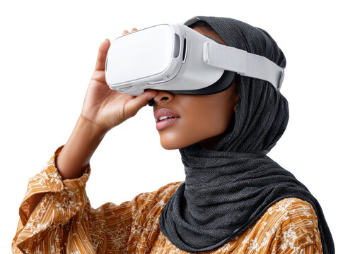 Virtual Reality Immersion: A woman with a hijab explores virtual reality with VR glasses, symbolizing technological innovation and futuristic experience.