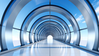 Architectural Panorama: A visually stunning depiction of an arched walkway, constructed with steel and glass, creating a sense of depth and perspective.