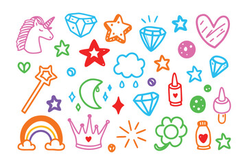 Magical Doodle Collection: A vibrant and enchanting array of hand-drawn elements, including a unicorn, stars, diamonds, heart, moon, rainbow, and crown.