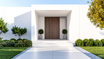 Modern House Entrance: A captivating exterior view showcasing a minimalist, modern house entrance with a striking wooden door, manicured garden and a pathway leading up to the house.