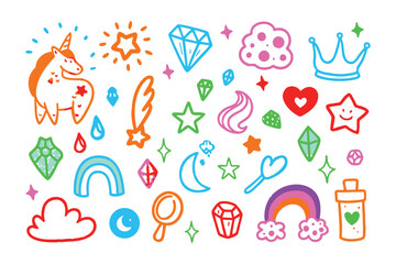 Whimsical Unicorn and Embellishments: A vibrant illustration features a charming unicorn surrounded by a collection of playful gems, stars, and whimsical elements.