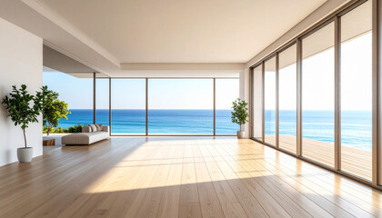 Obraz premium Coastal Haven: Luxurious Interior Design with Panoramic Ocean View