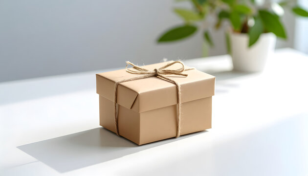 Minimalist Kraft Gift Box with Twine on White