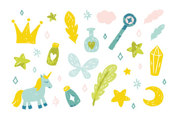 Magical Illustration: Whimsical array of fairy tale elements, including crown, stars, potion bottles, wand, feather, butterflies, unicorn, gems, clouds, and moon