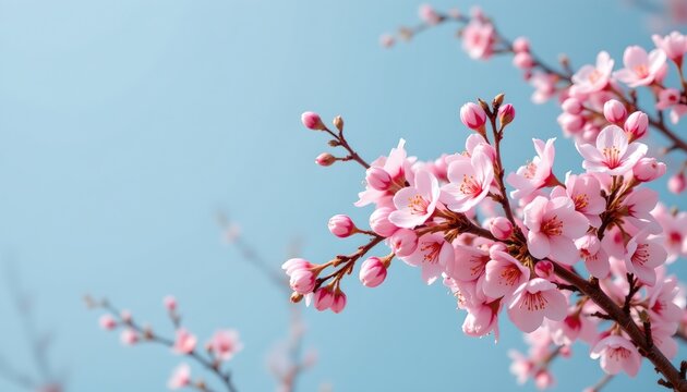 a branch of cherry blossoms set against a clear blue sky. the focus is on the vibrant pink flowers blooming in full springtime glory. - Powered by Adobe