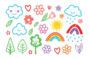 Cheerful Doodle Elements: A collection of whimsical, hand-drawn doodles, including clouds, hearts, flowers, rainbows, and trees. Perfect for adding a touch of fun and creativity to any design.