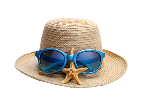 summer hat with blue sunglasses png image on transparent background