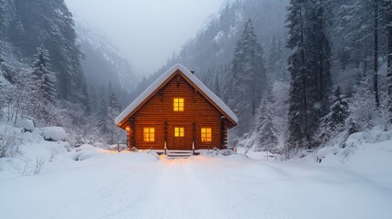 Cozy mountain cabin nestled in a snowy valley
