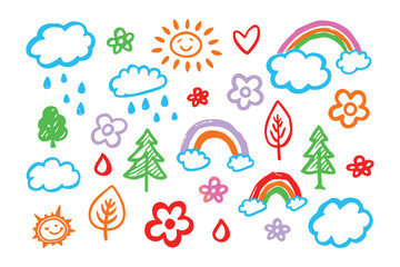 Joyful Scribbles of Nature: A cheerful, hand-drawn collection of whimsical elements, including rainbows, suns, clouds, raindrops, flowers and leaves, evoking a sense of innocence and playful delight.