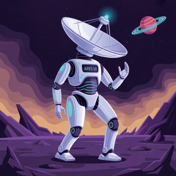 Robotic astronaut with satellite dish head on alien planet isolated on transparent background